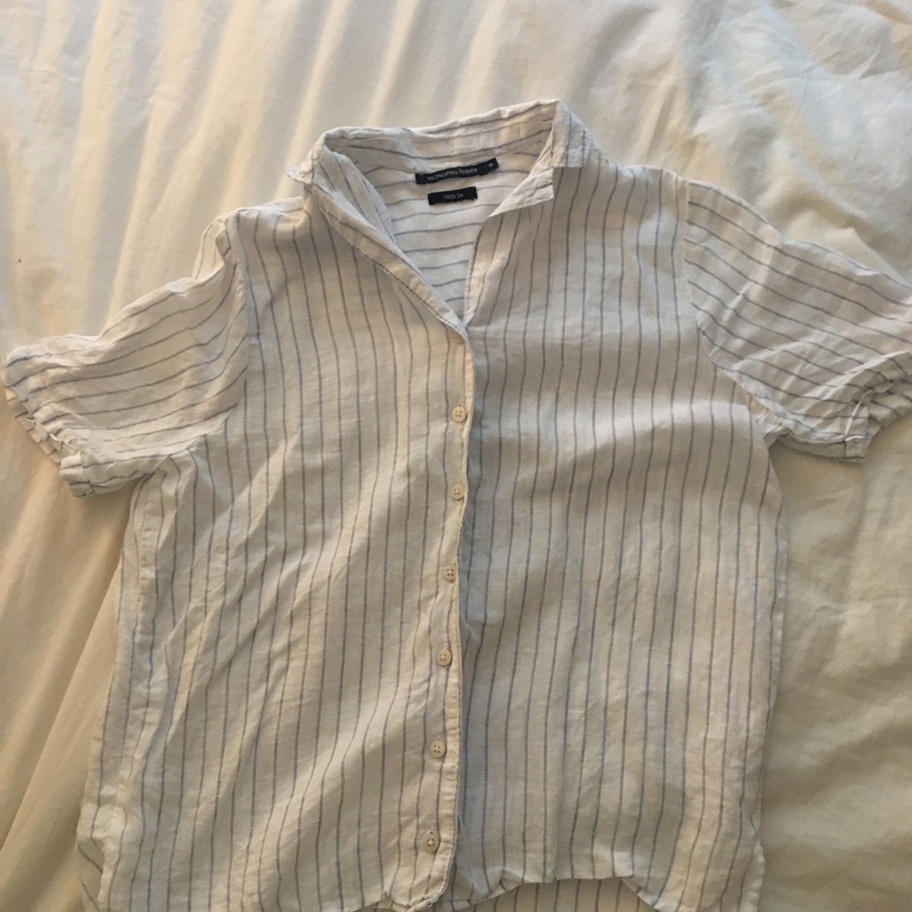 White & Blue Striped Linen Short Sleeve Shirt